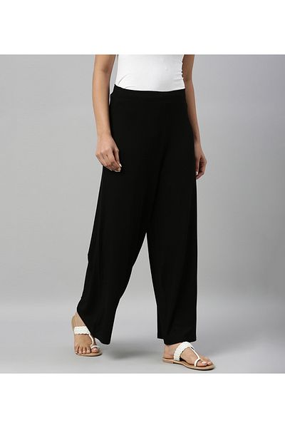 Go Colors Women's Solid Black Viscose Mid Rise Knit Palazzos