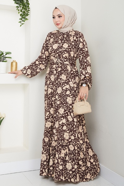 InStyle Кафява вискозна рокля с флорален мотив в сянка
