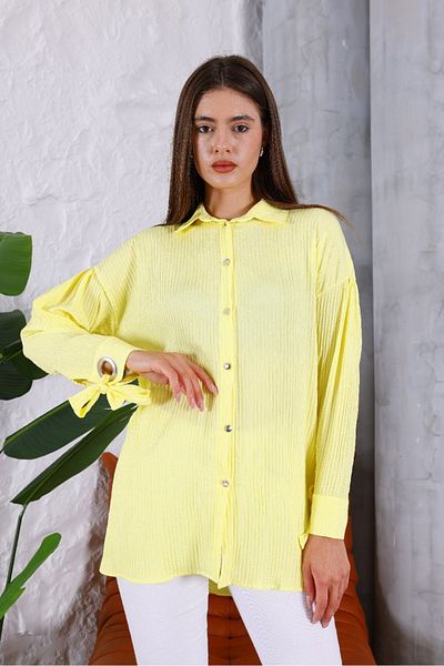BLUSS Women's Yellow Oversize Shirt - Double Breasted Buttons, Cuff Detail - Bird's Eye