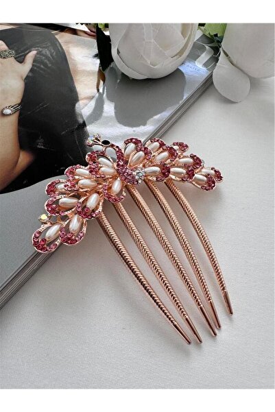 Pelin Aksesuar Pink Crystal Pearl Peacock Comb Buckle