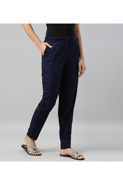 Go Colors Women's Solid Navy Comfort Fit Cotton Pants