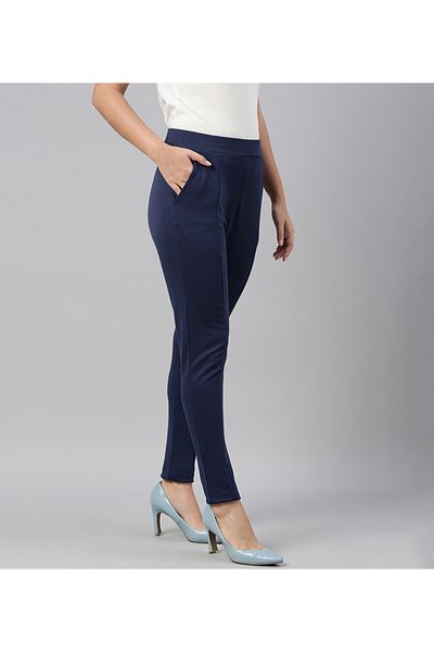 Go Colors Women's Solid Navy Stretch Ponte Pants