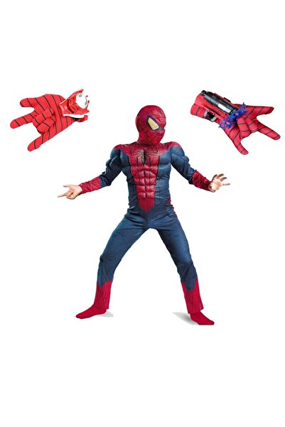 Depox Set costum Spiderman cu mușchi și 2 lansatoare, roșu, 120-130 cm, 7-9 ani