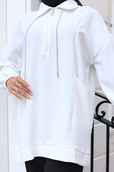 benguen Λεπτομερές μισό φερμουάρ Hijab Tunik White 3190
