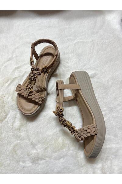 FLORİN KREM HASIR BONCUKLU SANDALET AYAKKABI