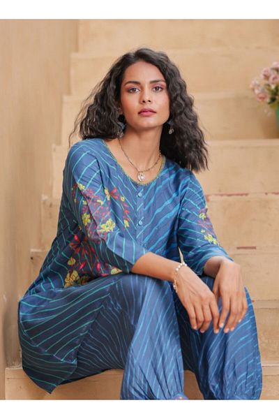 HashtagBe Blue Chevron Print Tunic and Harem Pants Set