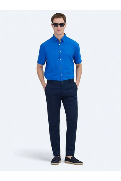 Kip Light Navy Blue Woven Casual Cotton Blend Trousers