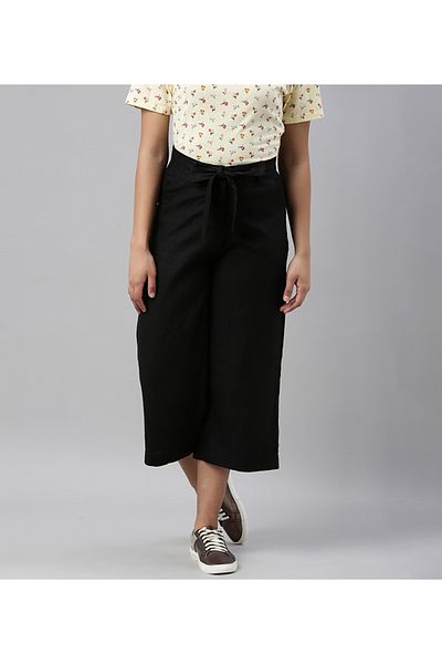 Go Colors Women's Solid Black Linen Mid Rise Culottes