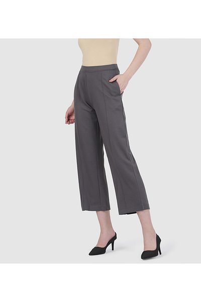 Go Colors Women's Solid Silver Grey Ponte Wide Leg Pants