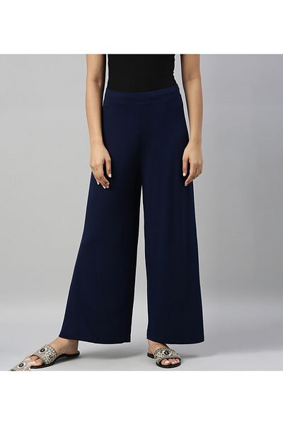 Go Colors Women's Solid Navy Knit Viscose Mid Rise Palazzos