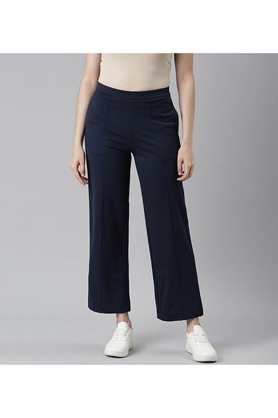 Go Colors Women's Solid Navy Ponte Wide Leg Pants