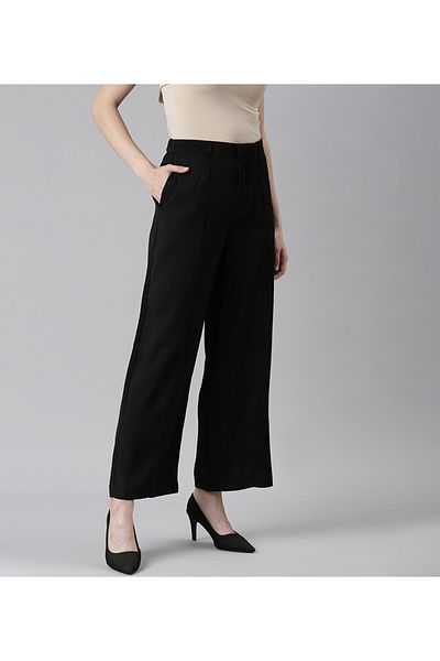 Go Colors Women's Solid Black High Rise Crepe Wide Pant