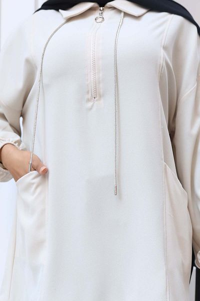 benguen Cord Detailed Half Zipper Hijab Tunic Stone Color 3190
