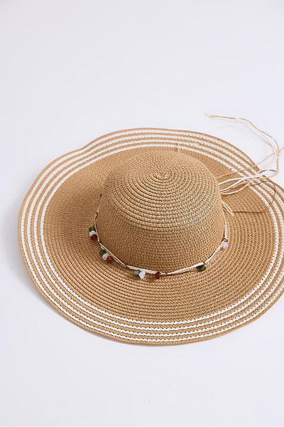 Raneel Kazançlı Alışveriş Bow Detailed Striped Straw Beach Pool Hat Mink
