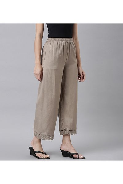 Go Colors Women's Solid Khaki Mid Rise Linen Wide Pant