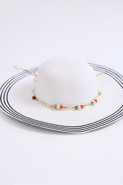 Raneel Kazançlı Alışveriş Bow Detailed Striped Straw Beach Pool Hat White