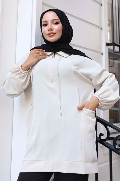 benguen Cord Detailed Half Zipper Hijab Tunic Stone Color 3190