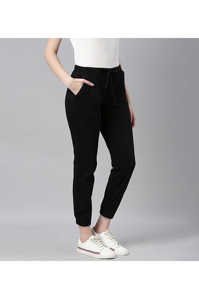 Go Colors Women's Solid Cotton Black Cuffed Joggers