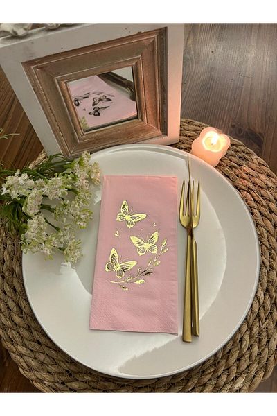 kidspartim Gold Gilded Pink Butterfly Leaf Detailed Napkin 16 Pieces