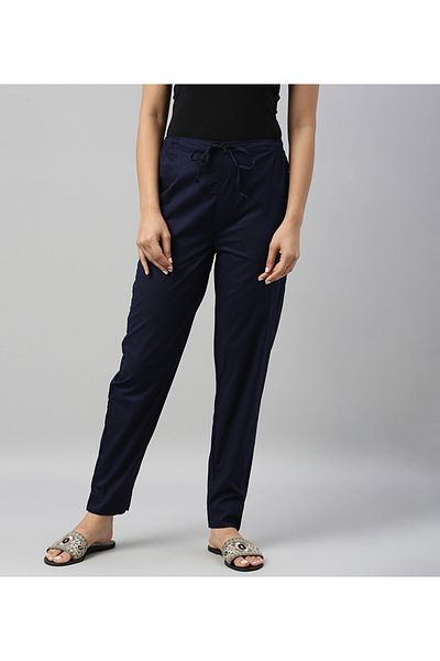 Go Colors Women's Solid Navy Comfort Fit Cotton Pants
