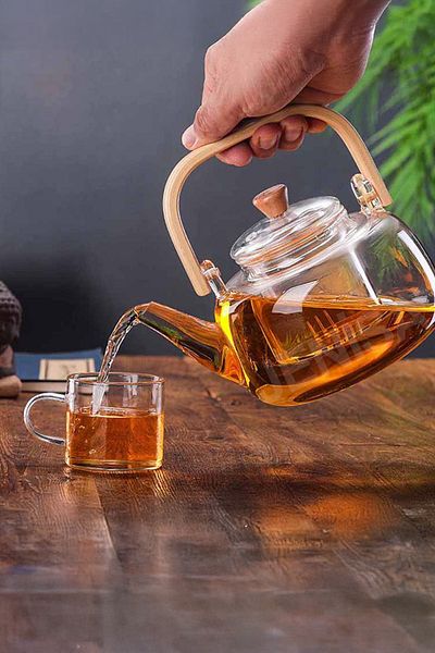Jenisa Glass Filter Teapot with Wooden Handle 1000 ml - Heat Resistant Glass Herbal Tea Infuser