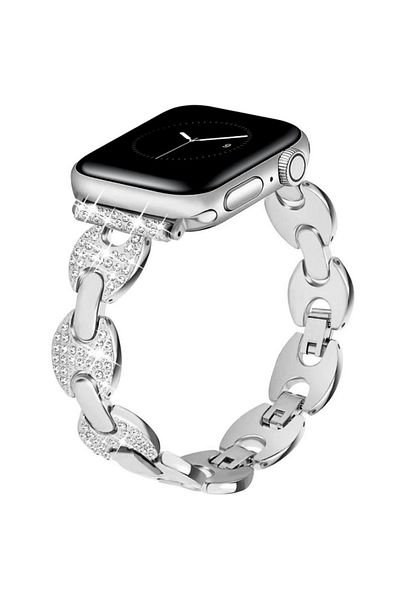 REDz Accessories Curea cu strasuri strălucitoare pentru Apple Watch, design elegant, zale rotunde, metal, argintiu - 42/44/45 mm