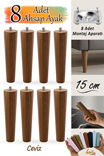 GLASWEN 8 Adet Ahşap Ayak 15 Cm Ceviz M8 Civatalı Bağlantı Aparatlı Dolap Mob...