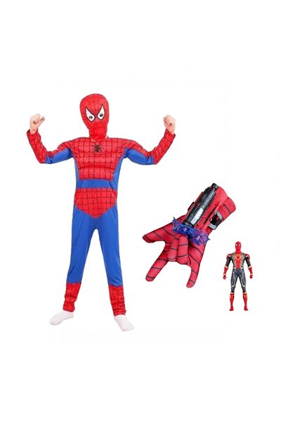 Depox Set of muscle suit, suction cup glove and Ultimate Spiderman figure, 5-7 years, red