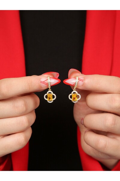 LİNOVE JEWELLERY Citrin Yonca Gümüş Küpe, 925 Ayar Gümüş Baget Küpe, Sarı Taş...