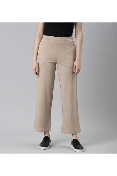 Go Colors Women's Solid Beige Ponte Wide Leg Pants