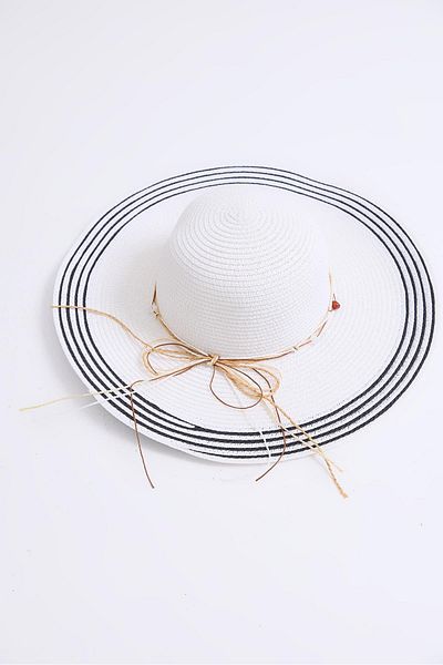 Raneel Kazançlı Alışveriş Bow Detailed Striped Straw Beach Pool Hat White