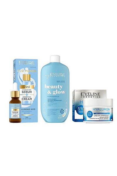 Eveline Cosmetics Set Eveline Hyaluron Aqua: Cremă hidratantă 50 ml, Ser Duo 18 ml, Balsam de corp 350 ml