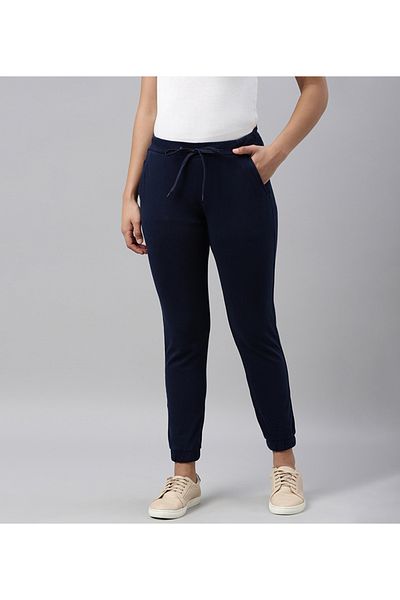 Go Colors Women's Solid Cotton Navy Cuffed Joggers