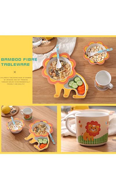 Saharaz 5-piece children's cartoon tableware set,lion shape,natural bamboo fiber,durable and easy to clean