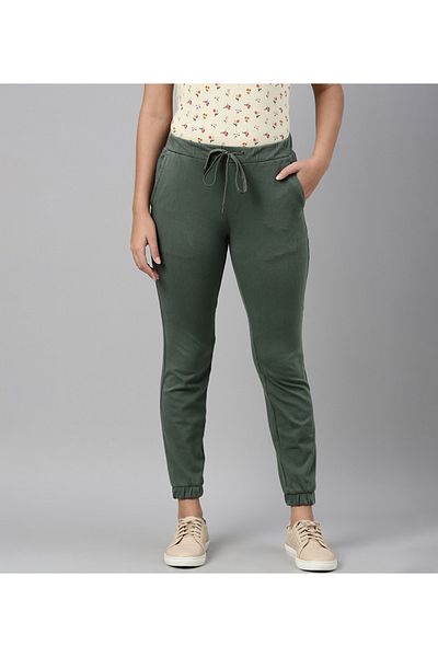 Go Colors Women's Solid Cotton Olive Green Cuffed Joggers