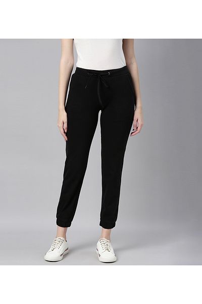 Go Colors Women's Solid Cotton Black Cuffed Joggers
