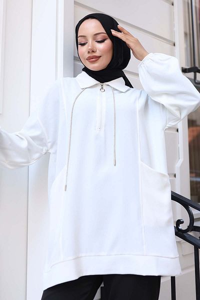 benguen Λεπτομερές μισό φερμουάρ Hijab Tunik White 3190