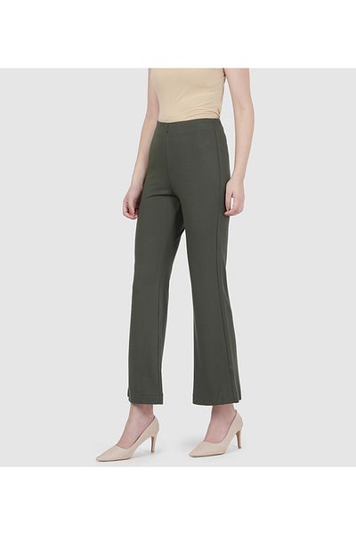 Go Colors Women's Cotton Olive Ponte Flared Pant
