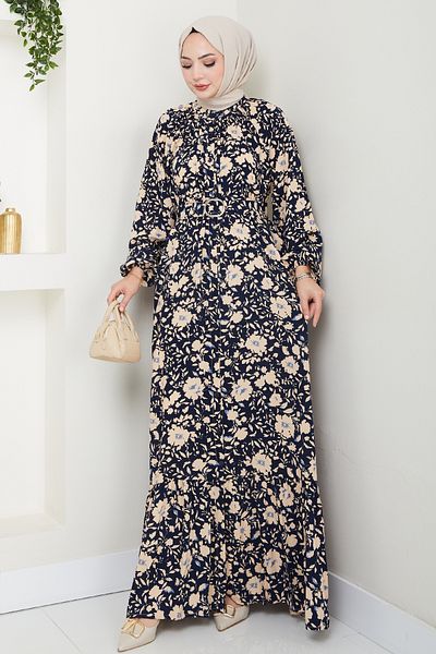 InStyle Shadow Flower Pattern Navy Blue Viscose Dress