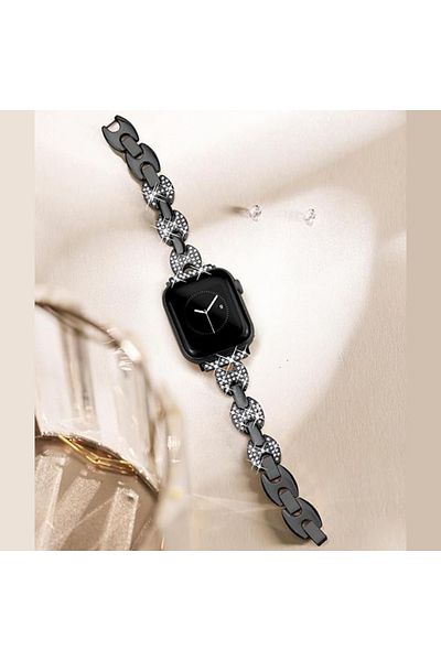 REDz Accessories Bling Rhinestone Strap for Apple Watch, Elegant Design, Round Links, Metal, Black - 42/44/45mm
