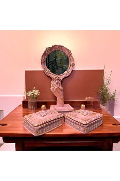 Peramari Dekoratif Polyester Takı Setli Makyaj Ayna Seti -Pembe Gold Eskitme