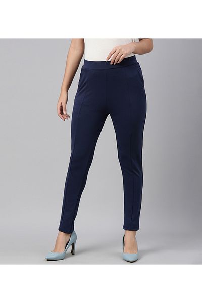 Go Colors Women's Solid Navy Stretch Ponte Pants