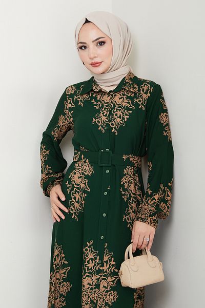 InStyle Sequined Pattern Shirt Collar Emerald Green Viscose Dress