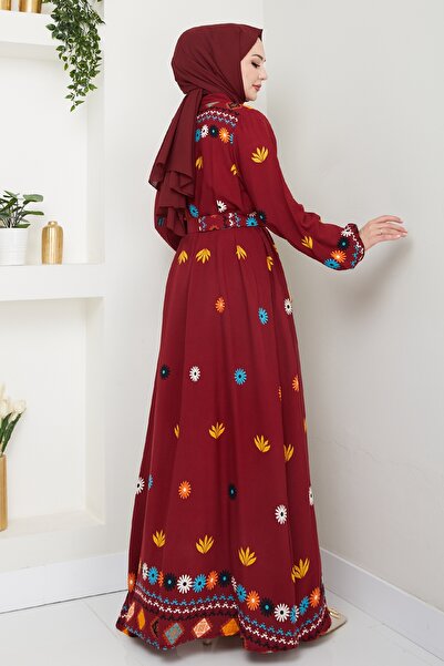 InStyle Büzgülü Çiçek Desenli Bordo Viskon Elbise