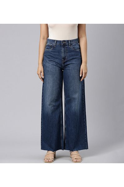 Go Colors Women's Solid Blue Denim High Rise Wide Jeans