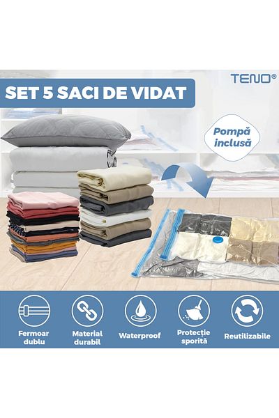 Teno Set 5 Saci de Vidat Teno®, pompa manuala inclusa, vidare prin vacuum, transparent/albastru