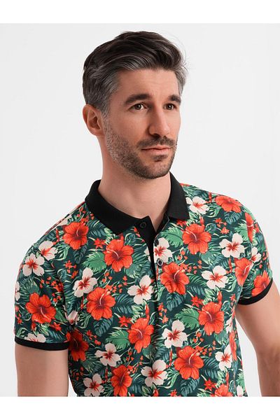 OMBRE Baumwoll-Poloshirt mit Blumendruck - schwarz V2 OM-POSS-0149 L