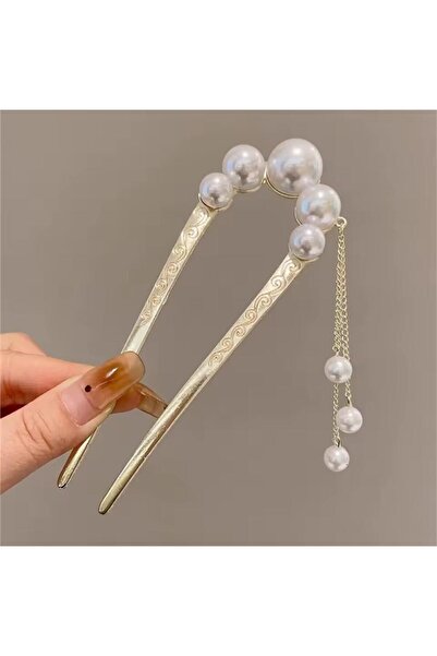 Pelin Aksesuar Gold Pearl Dangle Japanese Bun Buckle