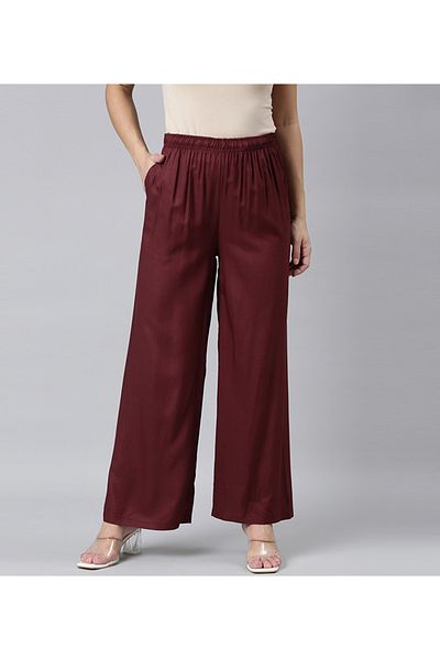 Go Colors Women's Maroon Solid Viscose Knit Mid Rise Palazzos