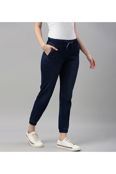 Go Colors Women's Solid Blue Denim Joggers